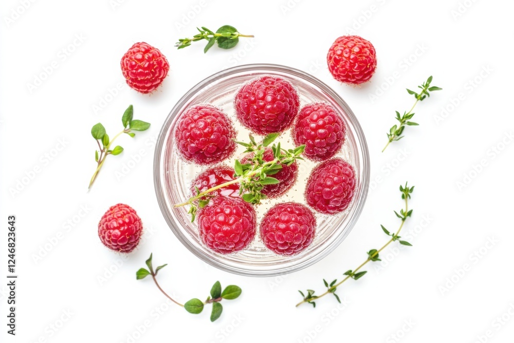 Glass of virgin raspberry thyme spritzer with fresh raspberries and thyme, minimalist style, pastel colors, refreshing summer drink concept Glass of virgin raspberry thyme spritzer with fresh raspberries and thyme, minimalist style, pastel colors, refreshing summer drink concept