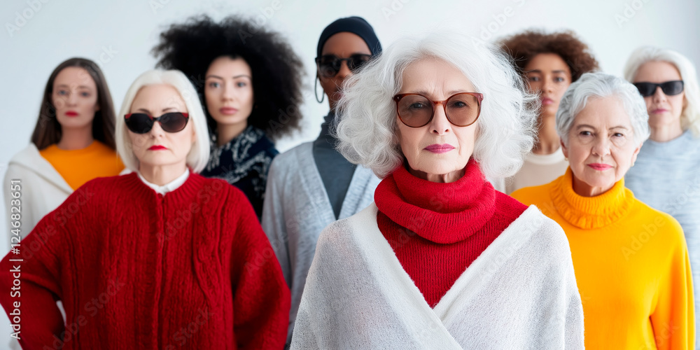 Obraz premium a group with many middle-aged, old and young models of different ethnicities dressed fashionably in multi-colored clothes, are in one photo.