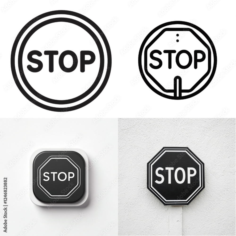 Four stop sign designs in different styles on a white background for traffic and safety concept
Four stop sign designs in different styles on a white background for traffic and safety concept