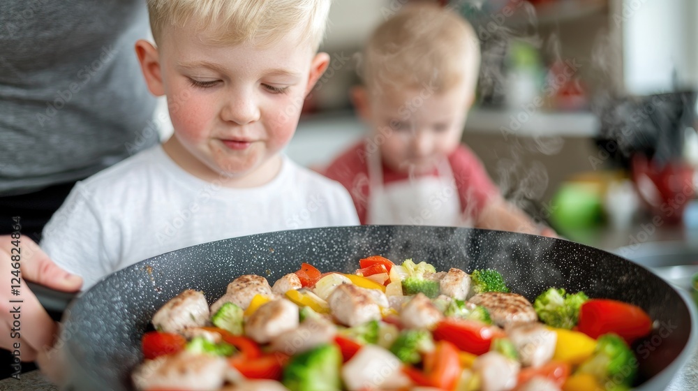 Toddler helps cook chicken and veggies Toddler helps cook chicken and veggies