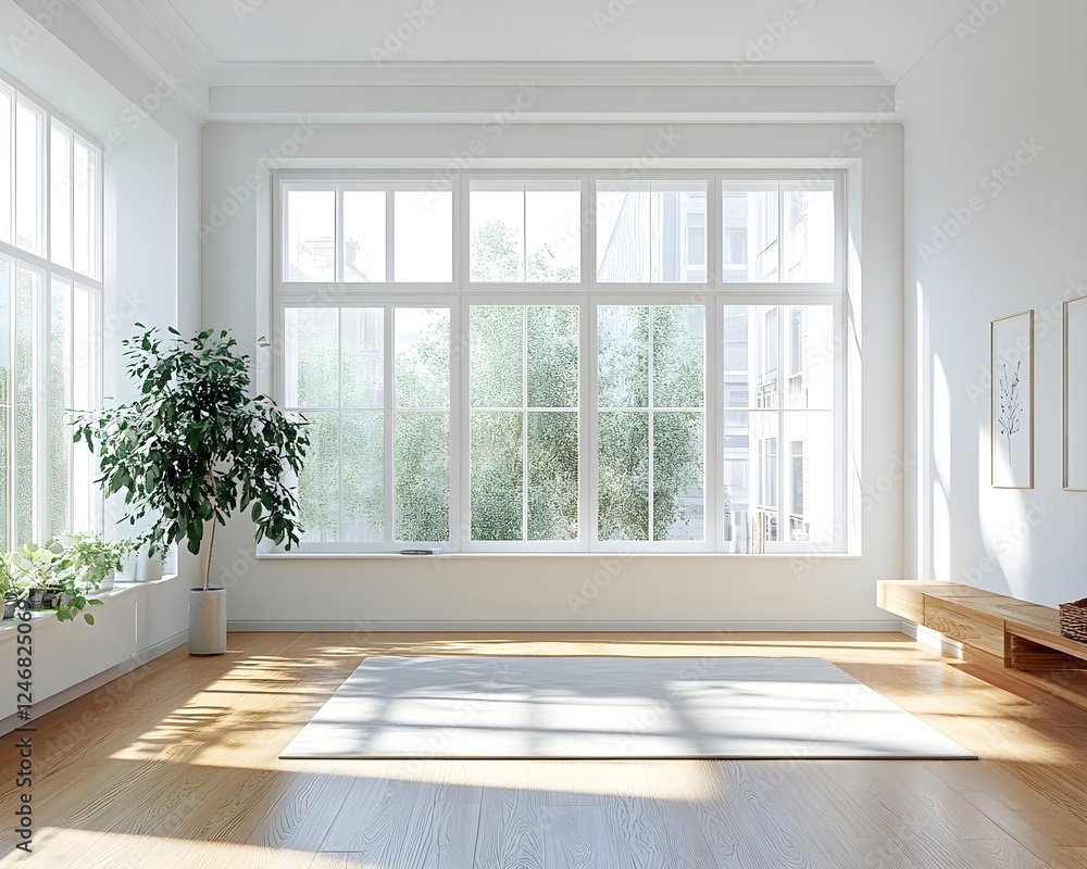 Fototapeta premium Bright and airy minimalist apartment interior with large windows, wooden floors, and a simple rug