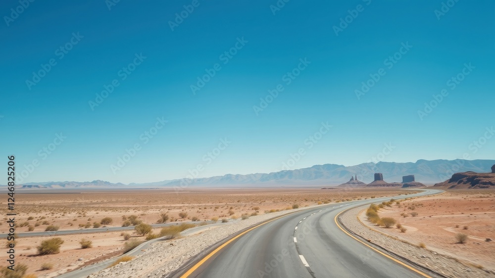 Asphalt ribbon curving through a sun-drenched desert landscape towards distant mesas under a vibrant blue sky. Asphalt ribbon curving through a sun-drenched desert landscape towards distant mesas under a vibrant blue sky.