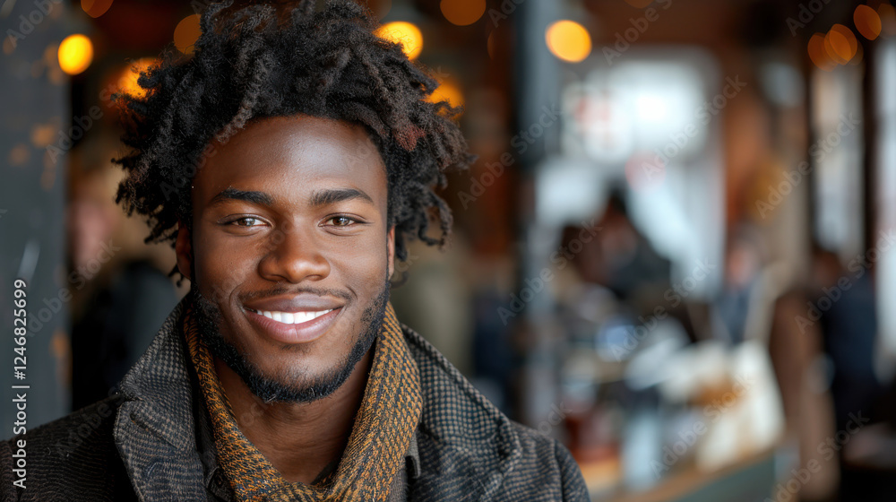 smiling man with curly hair wearing coat and scarf in cozy cafe smiling man with curly hair wearing coat and scarf in cozy cafe
