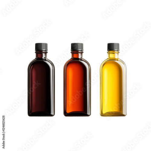 Assorted Glass Bottles of Amber and Brown Liquids with Black Cap photo