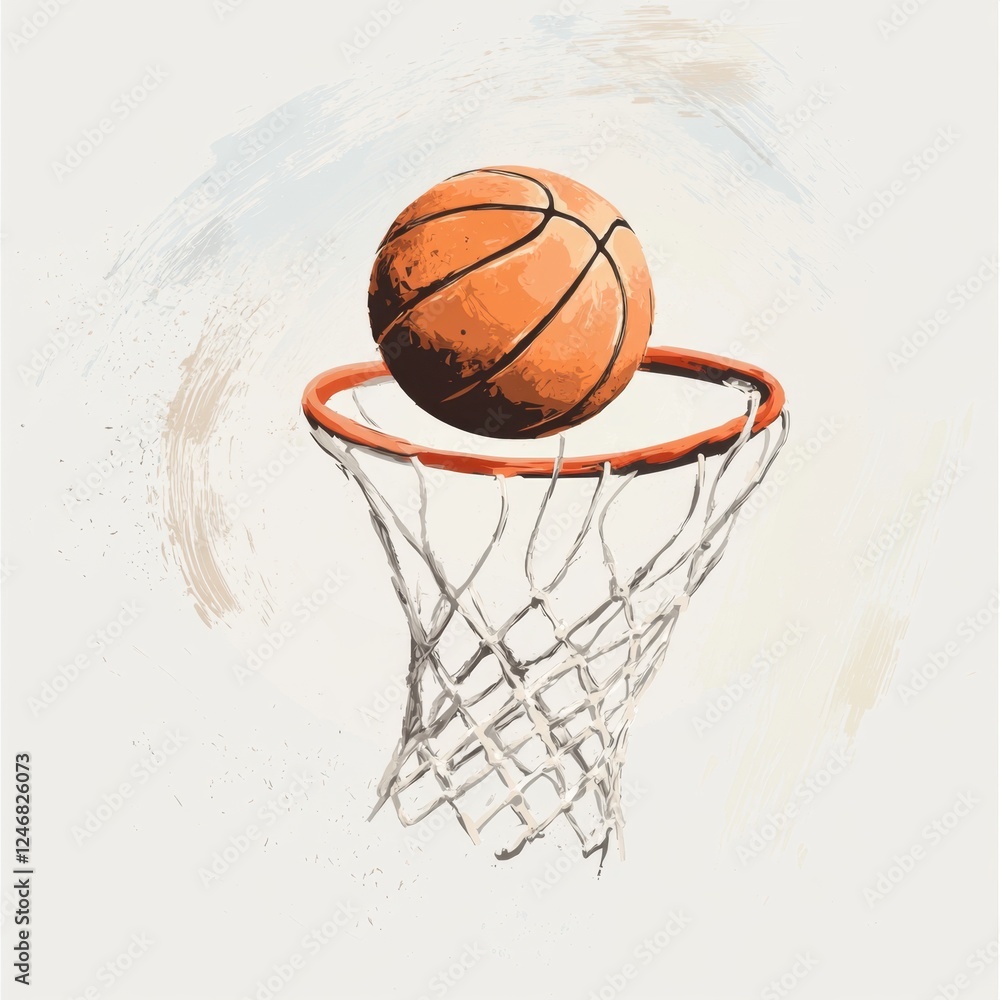 Basketball Swish: Orange Sphere Entering the Net, Artistic Basketball Court Illustration Basketball Swish: Orange Sphere Entering the Net, Artistic Basketball Court Illustration