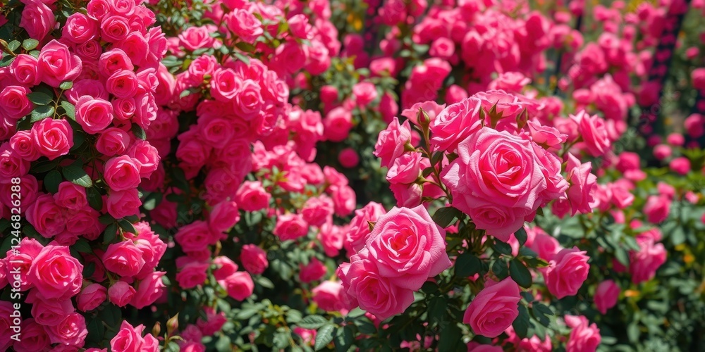 A vibrant profusion of pink rose blossoms densely covering a flourishing bush, a breathtaking display of nature's beauty A vibrant profusion of pink rose blossoms densely covering a flourishing bush, a breathtaking display of nature's beauty