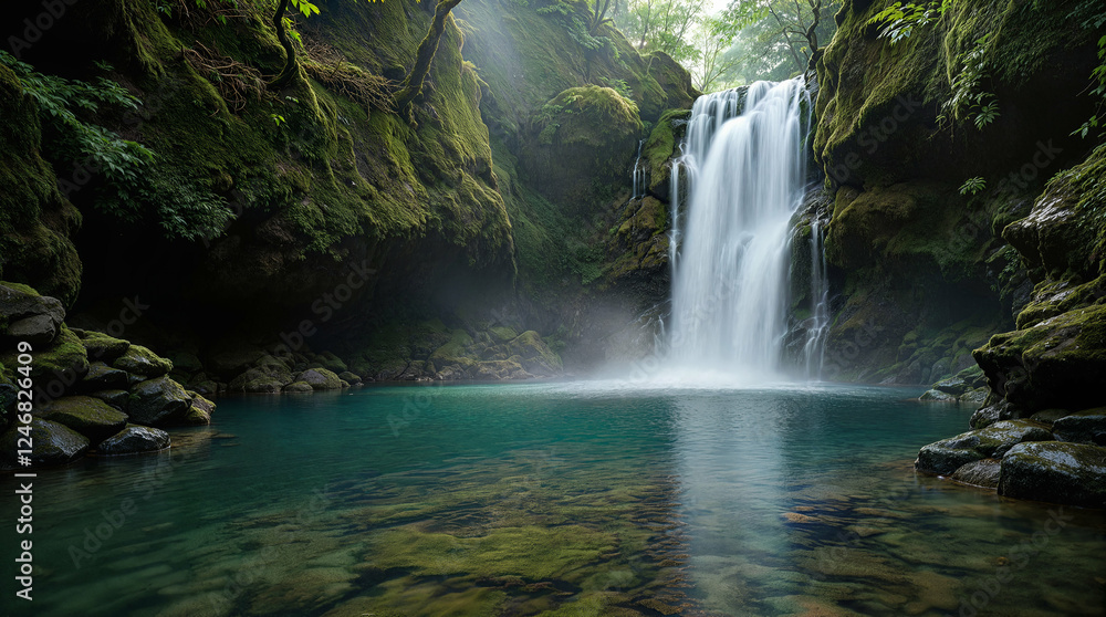 Fototapeta premium A secluded waterfall gently cascading into a still, emerald-green pool, surrounded by moss-covered rocks. tranquil and cinematic, deeply atmospheric.
