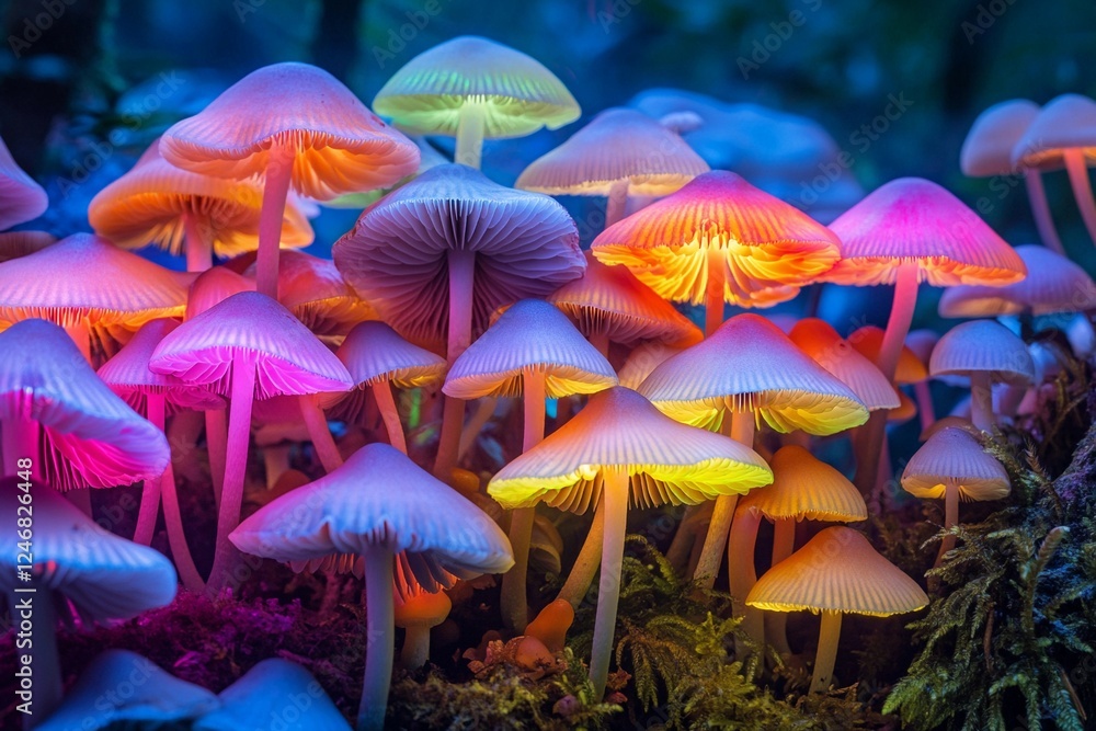 Fototapeta premium Vibrant bioluminescent mushrooms illuminate a mystical forest pathway during twilight hours