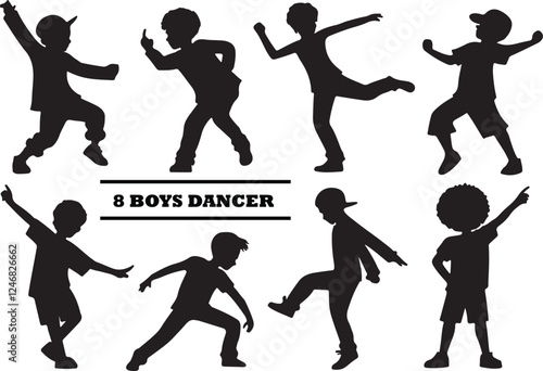 Boys dancer silhouette vector set, variant style of boy dancing flat black color illustration, isolated on a white background.