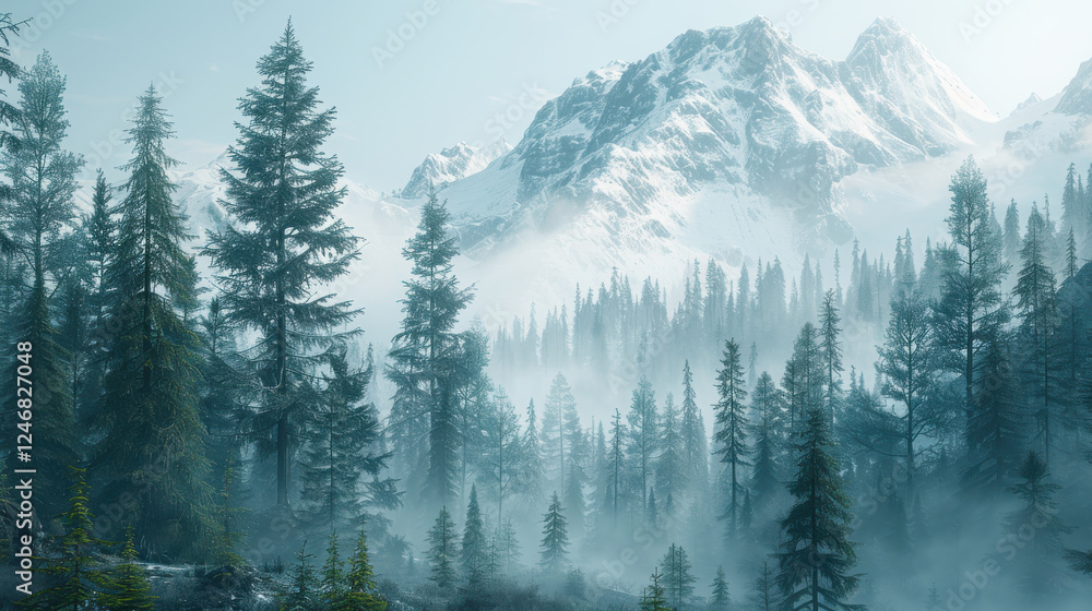 serene forest landscape with towering pine trees and majestic snow capped mountains, enveloped in mystical fog serene forest landscape with towering pine trees and majestic snow capped mountains, enveloped in mystical fog