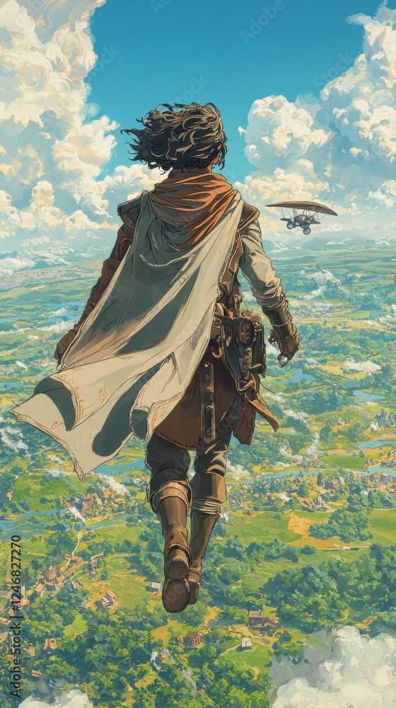 Fototapeta premium Adventurous journey of a traveler in a fantasy landscape open fields digital art aerial view exploration