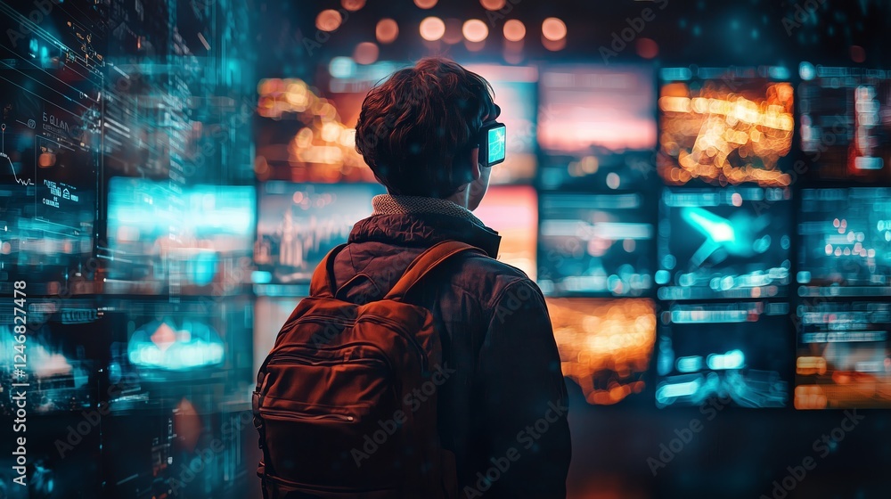 Young Man Observing Digital Screen Wall in Modern Space Young Man Observing Digital Screen Wall in Modern Space