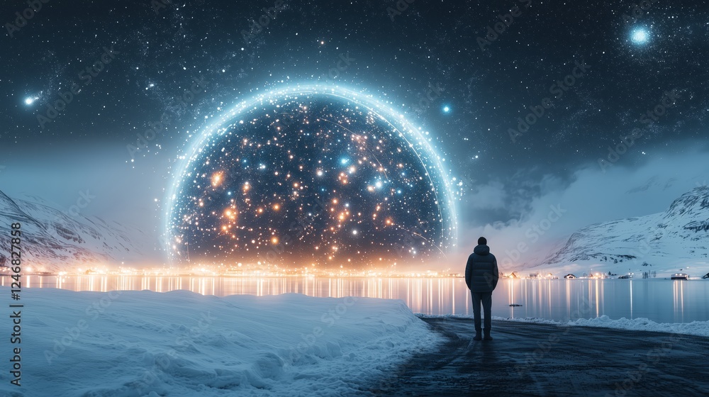 Dreamlike Landscape with Cosmic Portal Over a Frozen Lake Dreamlike Landscape with Cosmic Portal Over a Frozen Lake