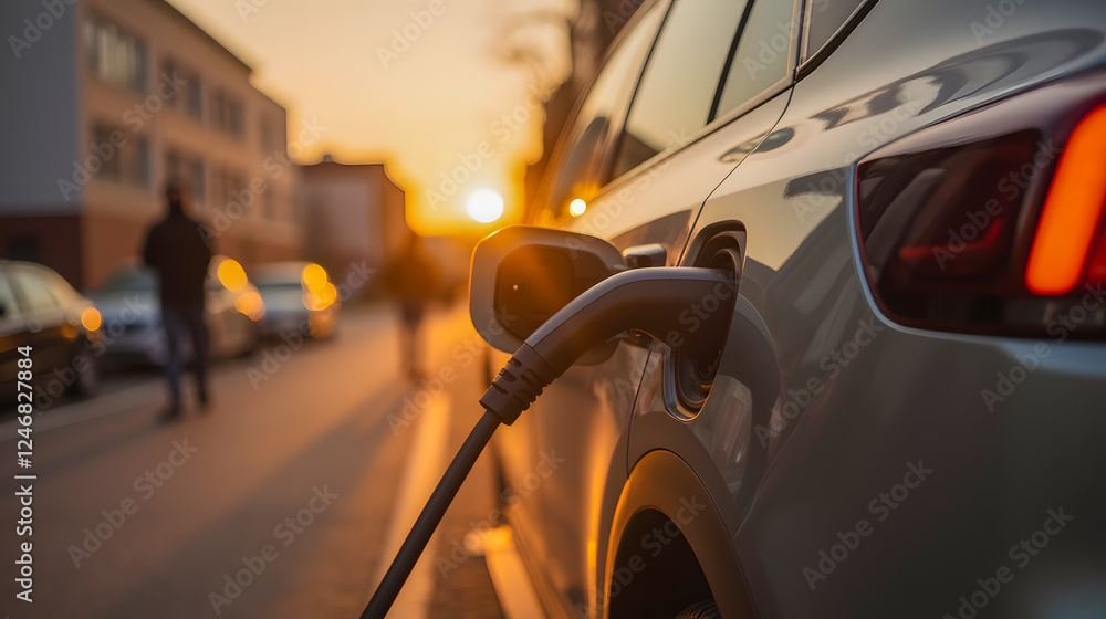 Electric Vehicle Charging Station with Sunset Background in Urban Environment, Soft Lighting and People Walking in Distance
