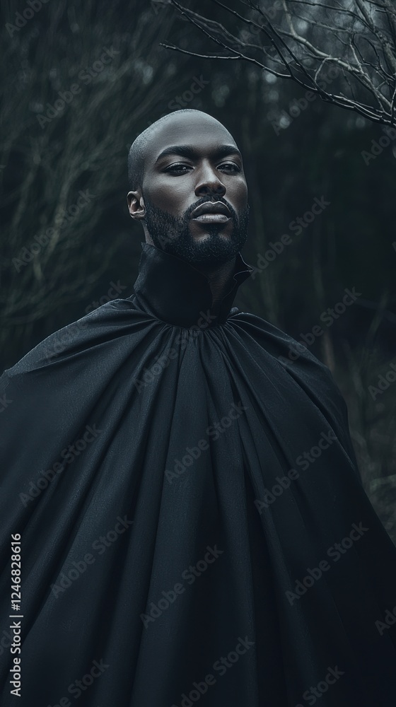 Mysterious figure in black cloak enchanted forest portrait dark environment close-up haunting concept Mysterious figure in black cloak enchanted forest portrait dark environment close-up haunting concept