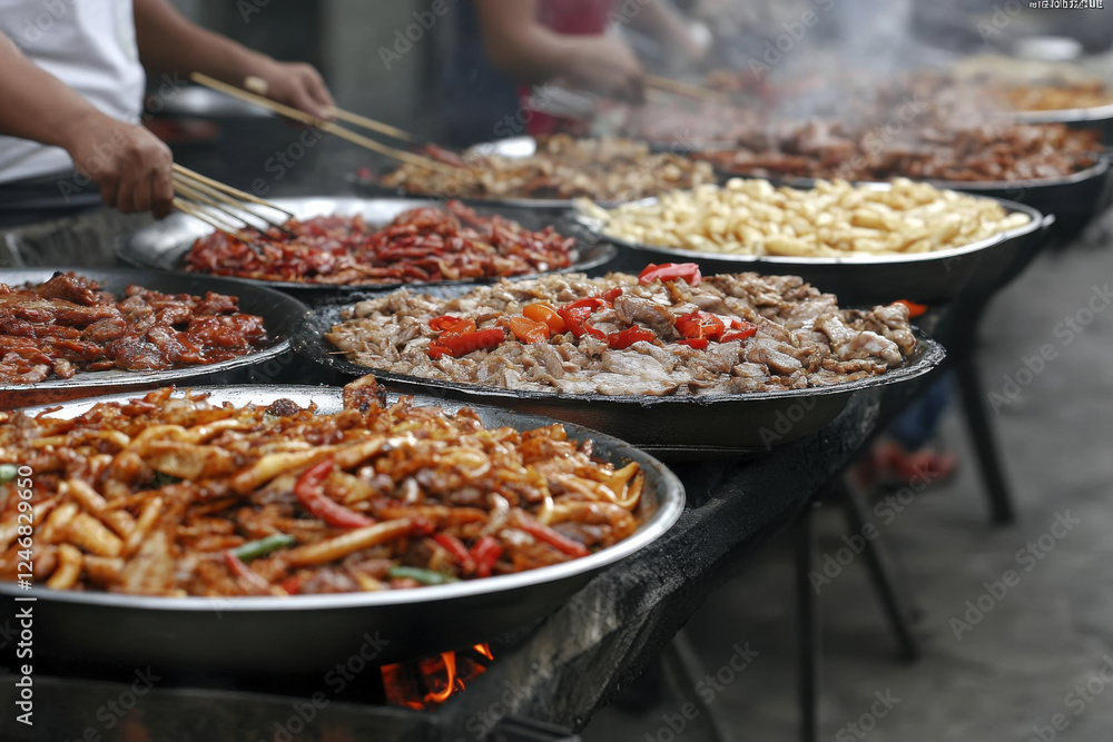 A group of people are cooking food on a grill A group of people are cooking food on a grill