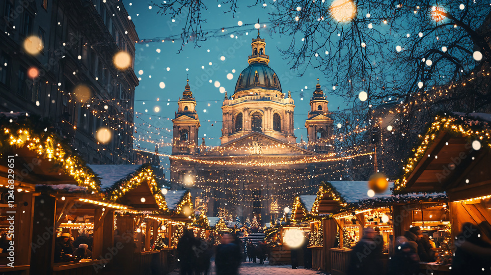 Obraz premium A Christmas market scene at Saint Stephen's Basilica in Budapest, illuminated by festive lights and holiday charm.