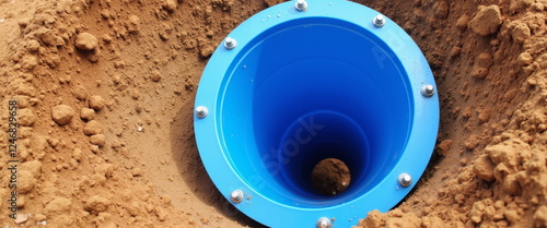Blue pipe fitting in sandy soil construction site
