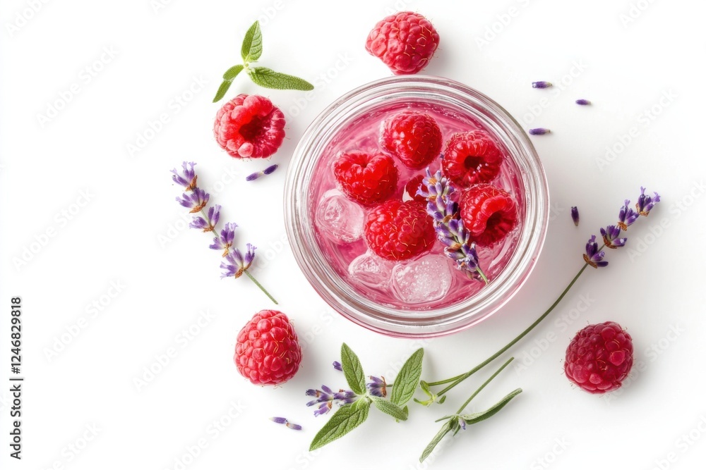 Mason jar of virgin raspberry lavender collins with fresh raspberries and lavender sprigs, minimalist style, pastel colors, summer refreshment Mason jar of virgin raspberry lavender collins with fresh raspberries and lavender sprigs, minimalist style, pastel colors, summer refreshment