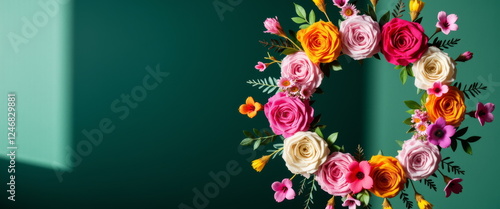 Colorful floral wreath on green background