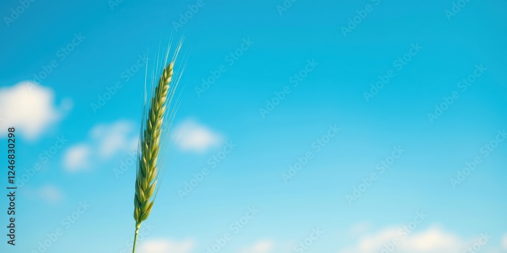 Single stalk of grain against a vibrant blue sky with fluffy white clouds Single stalk of grain against a vibrant blue sky with fluffy white clouds