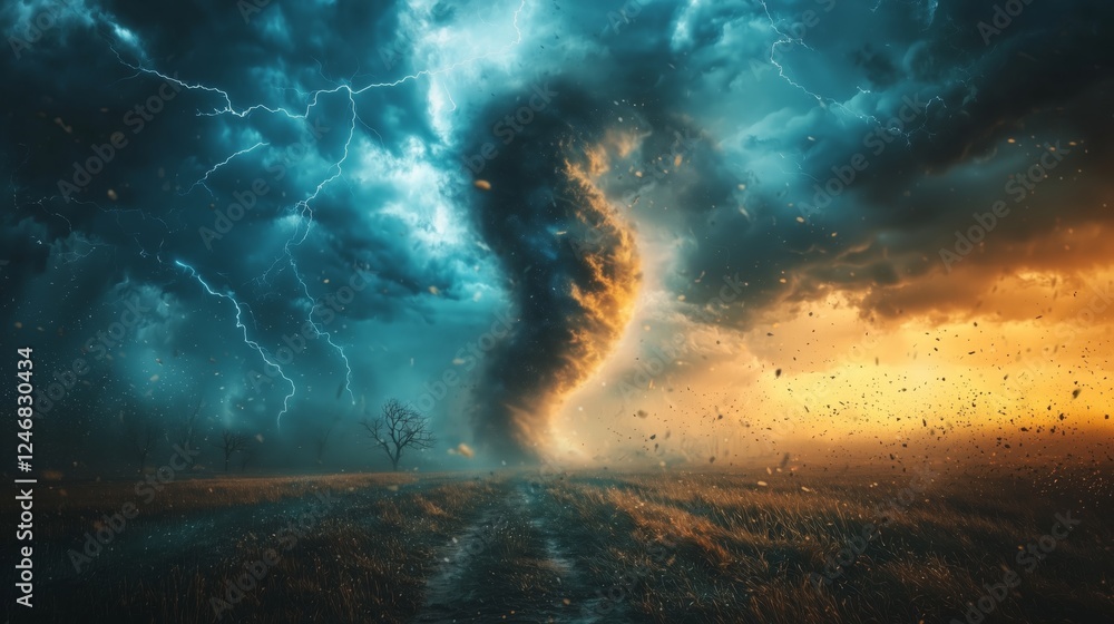 Fototapeta premium Storm Clouds with Tornado and Lightning in Dramatic Landscape