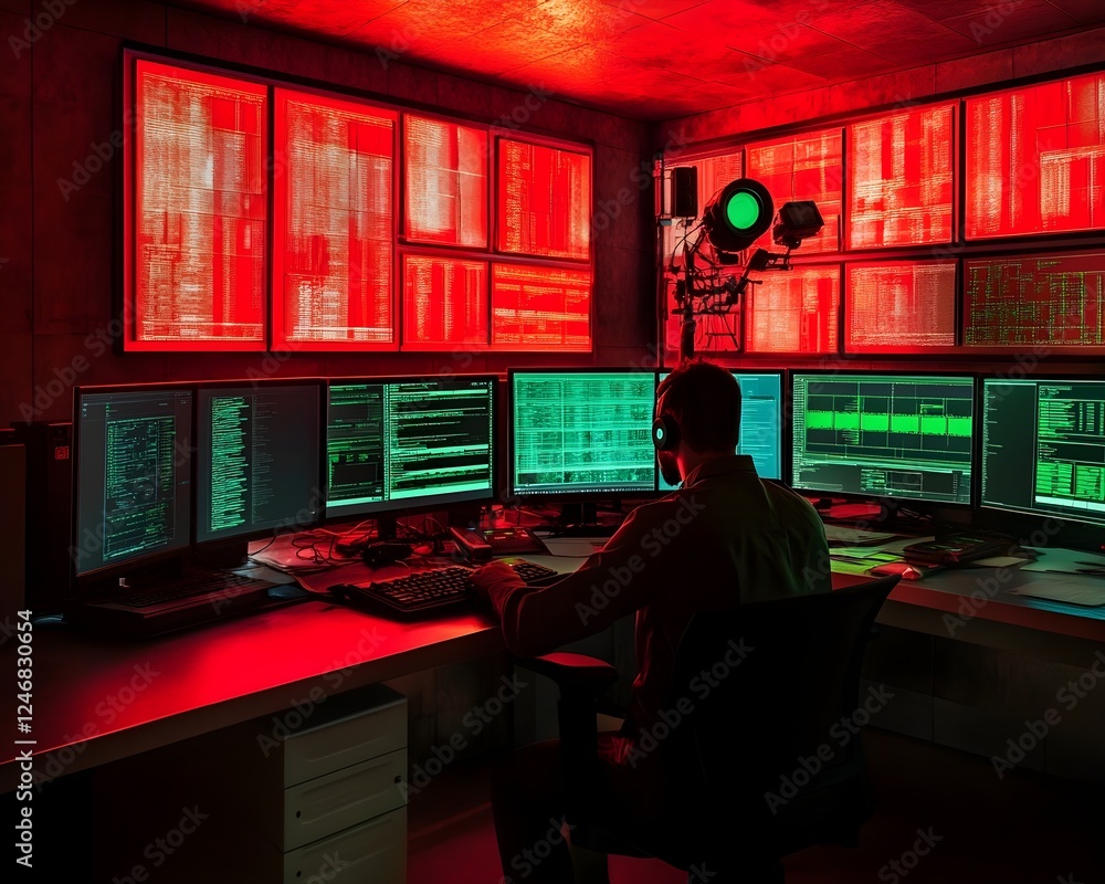 Cyber Security Analyst Working Late at Night in a Dark Red Lit Room with Multiple Screens Displaying Data Streams and Code Cyber Security Analyst Working Late at Night in a Dark Red Lit Room with Multiple Screens Displaying Data Streams and Code