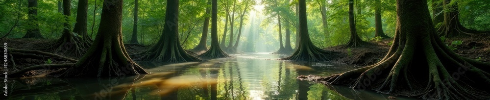 Palmetto roots stretch down into murky marsh water, stretching, forest Palmetto roots stretch down into murky marsh water, stretching, forest