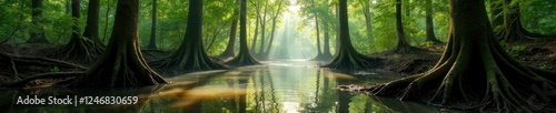Palmetto roots stretch down into murky marsh water, stretching, forest