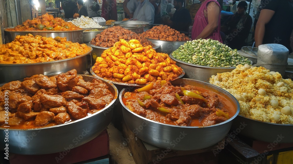 Obraz premium variety of Indian food items on display at a market stall. There are several large pots and pans filled with different types of food, including curry, meat, and vegetables.
