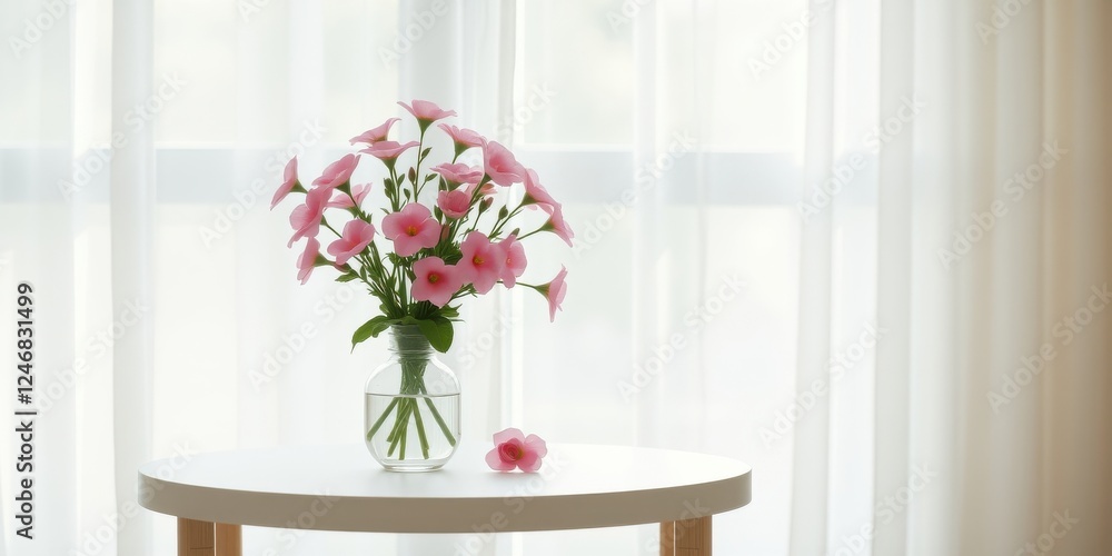 A delicate bouquet of pink flowers in a clear glass vase sits on a white side table near a sheer window curtain. A delicate bouquet of pink flowers in a clear glass vase sits on a white side table near a sheer window curtain.