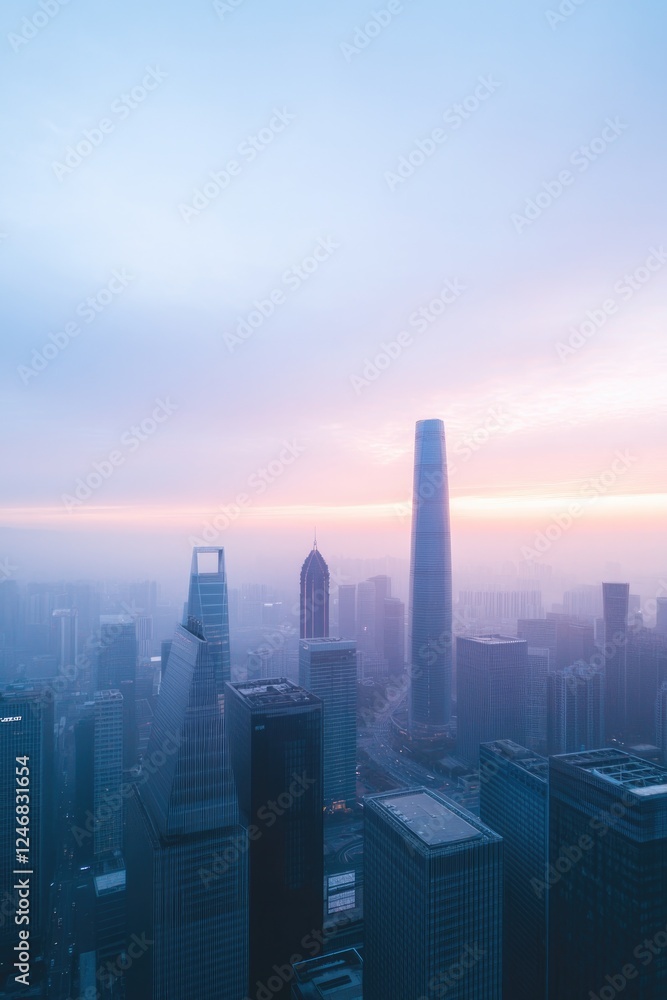 drone view of modern financial district with skyscrapers and futuristic architecture captured at sunrise drone view of modern financial district with skyscrapers and futuristic architecture captured at sunrise