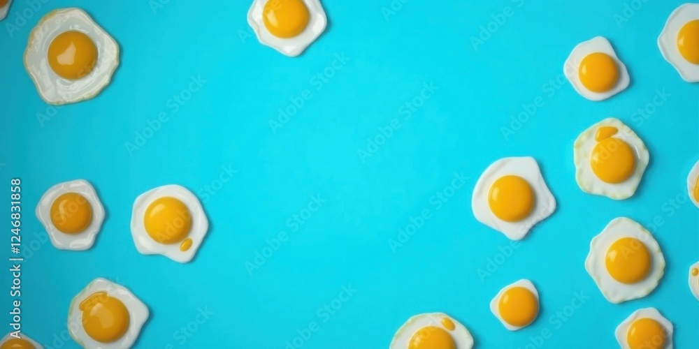 Sunny-Side Up Eggs Scattered on a Vibrant Blue Background Sunny-Side Up Eggs Scattered on a Vibrant Blue Background