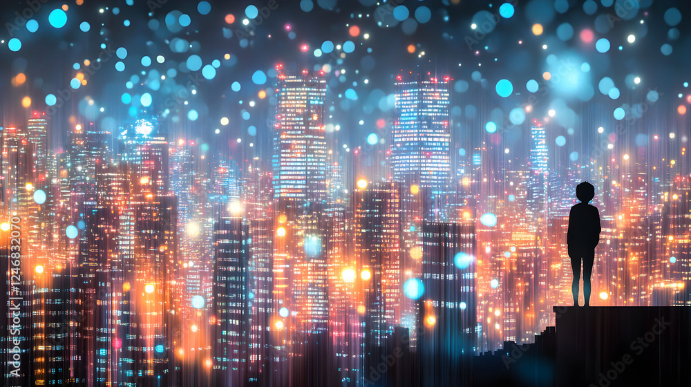 Obraz premium Urban Dreamscape Under a Starry Night Sky With a Rooftop Silhouette