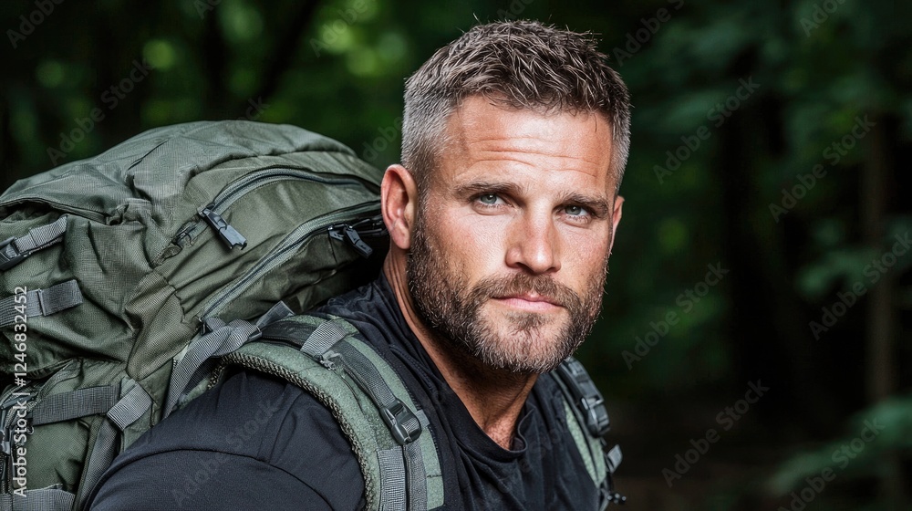 Obraz premium Man hiking woods backpack adventure portrait