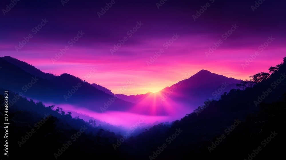 Fototapeta premium Vibrant sunrise over misty mountain valley with colorful sky and silhouetted peaks.