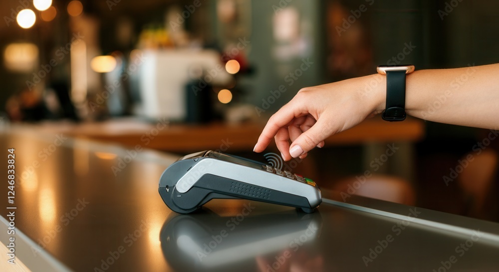 Hand using contactless payment at a modern cafe counter Hand using contactless payment at a modern cafe counter