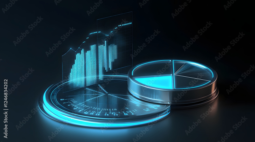 Cute isometric 3D image of 3D pie chart and bar chart in realistic metallic silver illuminated by neon blue. add floating, transparent charts and circular measurement tools. ensure perfect shapes an Cute isometric 3D image of 3D pie chart and bar chart in realistic metallic silver illuminated by neon blue. add floating, transparent charts and circular measurement tools. ensure perfect shapes an