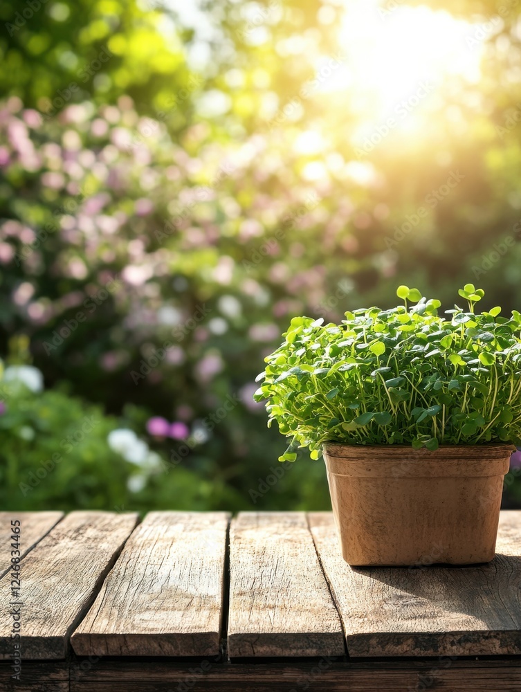 Sunlit herb garden with fresh microgreens on wooden table outdoors. Sunlit herb garden with fresh microgreens on wooden table outdoors.