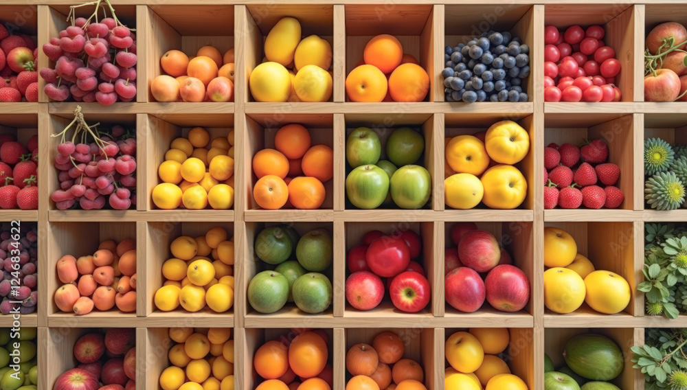 different fruits on a wooden shelf different fruits on a wooden shelf
