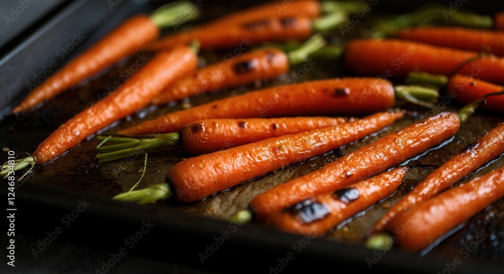 Freshly roasted carrots on a baking tray, showcasing vibrant colors and textures Freshly roasted carrots on a baking tray, showcasing vibrant colors and textures