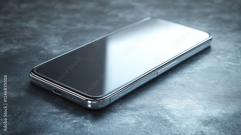 Sleek silver smartphone on a textured surface with reflective display. Sleek silver smartphone on a textured surface with reflective display.