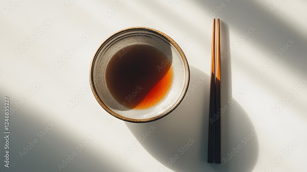 Aesthetic Bowl of Tea with Chopsticks and Cast Shadow on Table Aesthetic Bowl of Tea with Chopsticks and Cast Shadow on Table