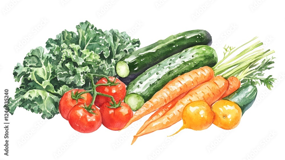 Watercolor Painting of Fresh Farm Vegetables Watercolor Painting of Fresh Farm Vegetables