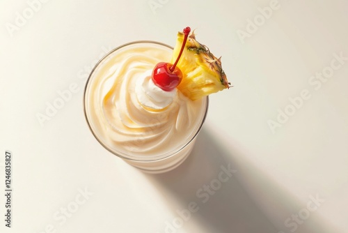 Virgin piña colada smoothie with coconut cream and fruit topping, colorful tropical drink, white background, summer refreshment photo