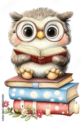 Cute Owl Reading Books with Glasses in a Charming Scene