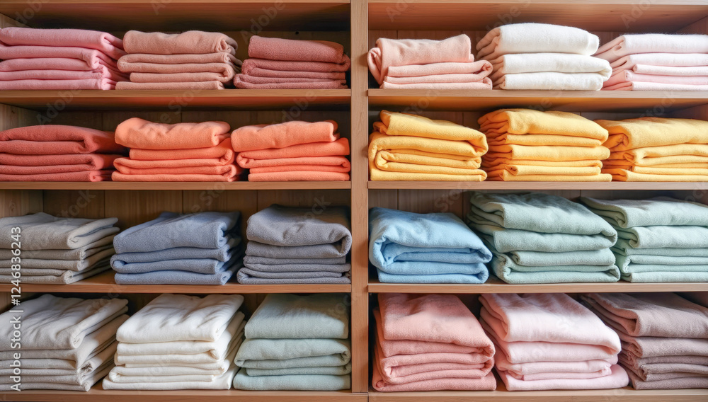 Colorful linen is stacked on shelves in the closet Colorful linen is stacked on shelves in the closet