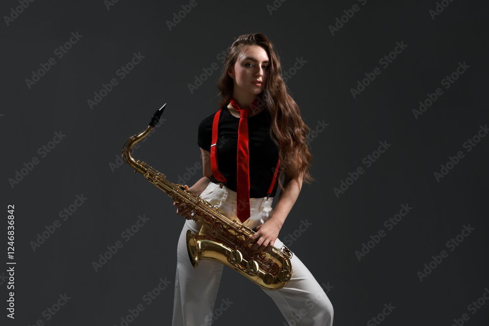 Naklejka premium Professional musician with saxophone on grey background