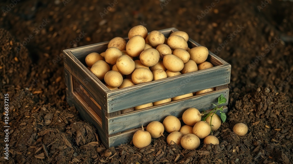A rustic wooden crate overflowing with freshly harvested potatoes sits on fertile soil, a testament to the bounty of the earth. A rustic wooden crate overflowing with freshly harvested potatoes sits on fertile soil, a testament to the bounty of the earth.
