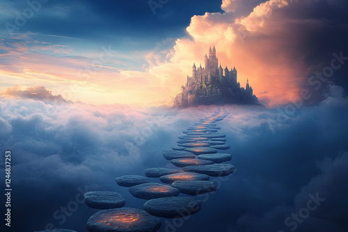 Majestic castle in the clouds with a pathway of stones under a bright blue sky